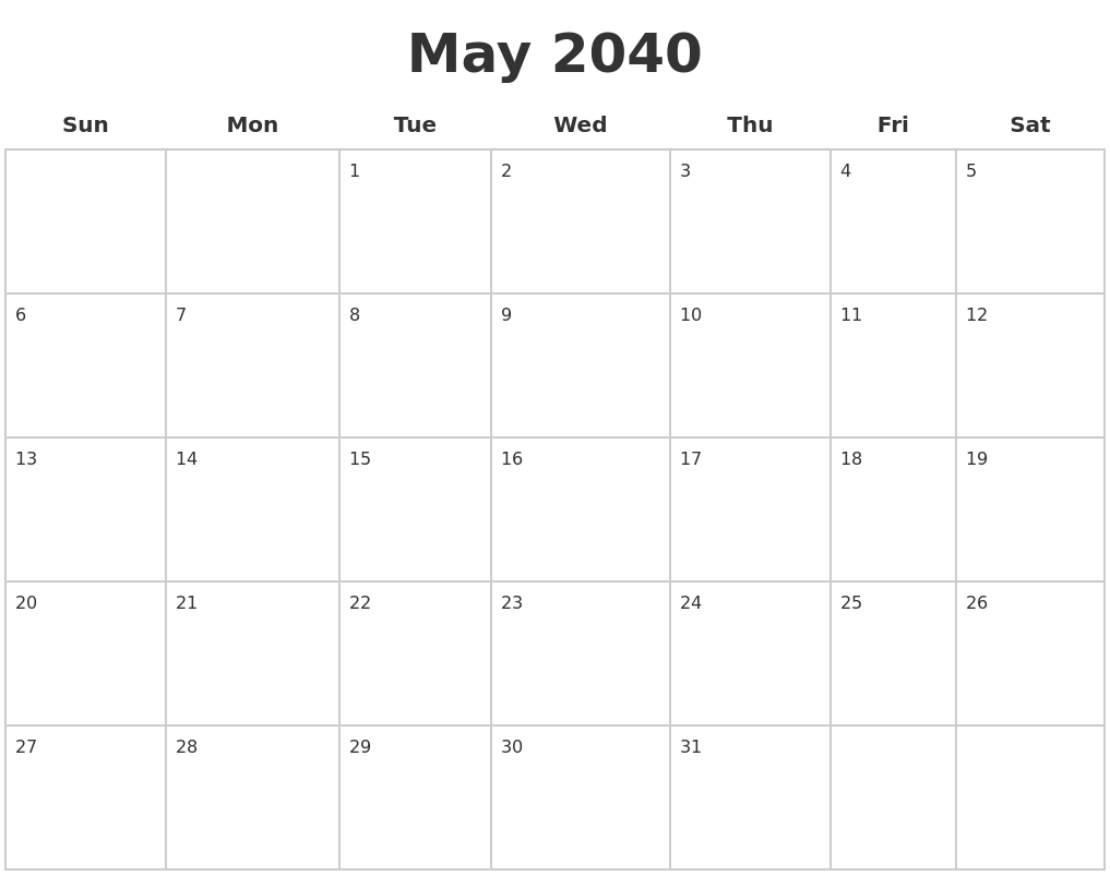 May 2040 Blank Calendar Pages
