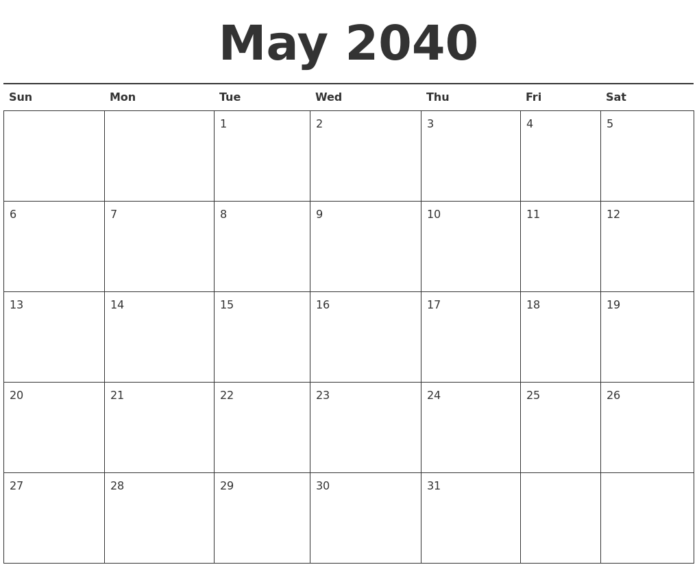May 2040 Calendar Printable