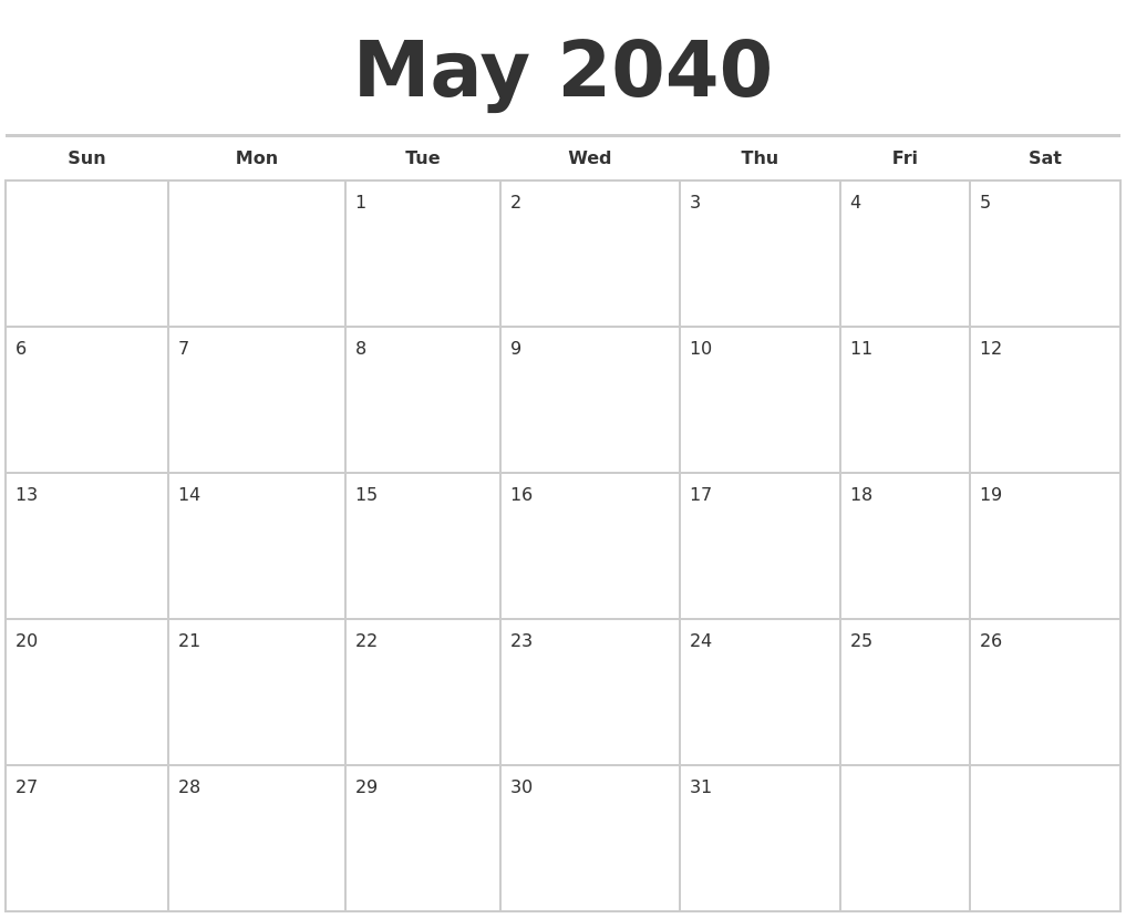 May 2040 Calendars Free