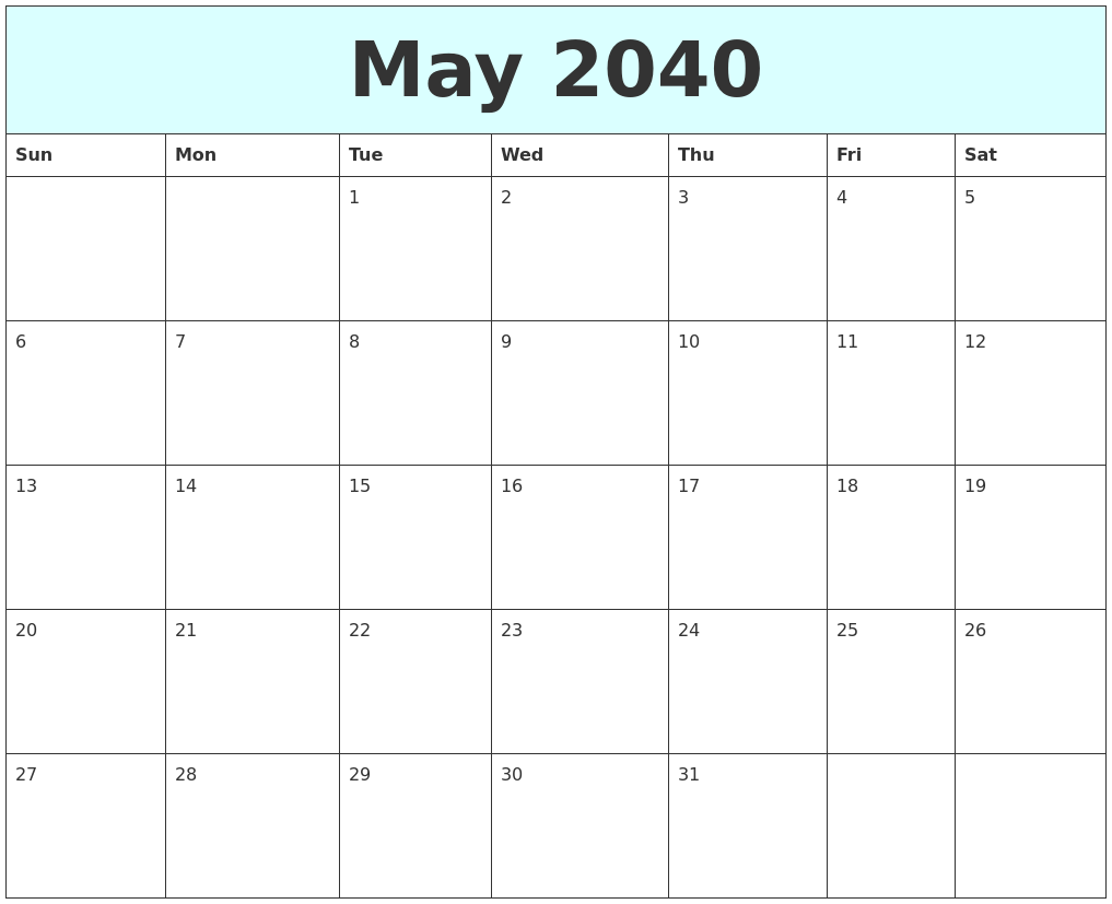 May 2040 Free Calendar