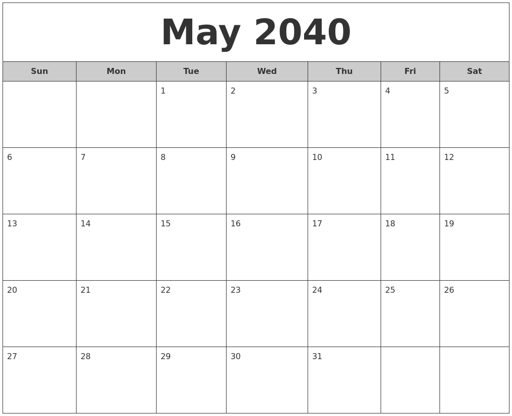 May 2040 Free Monthly Calendar