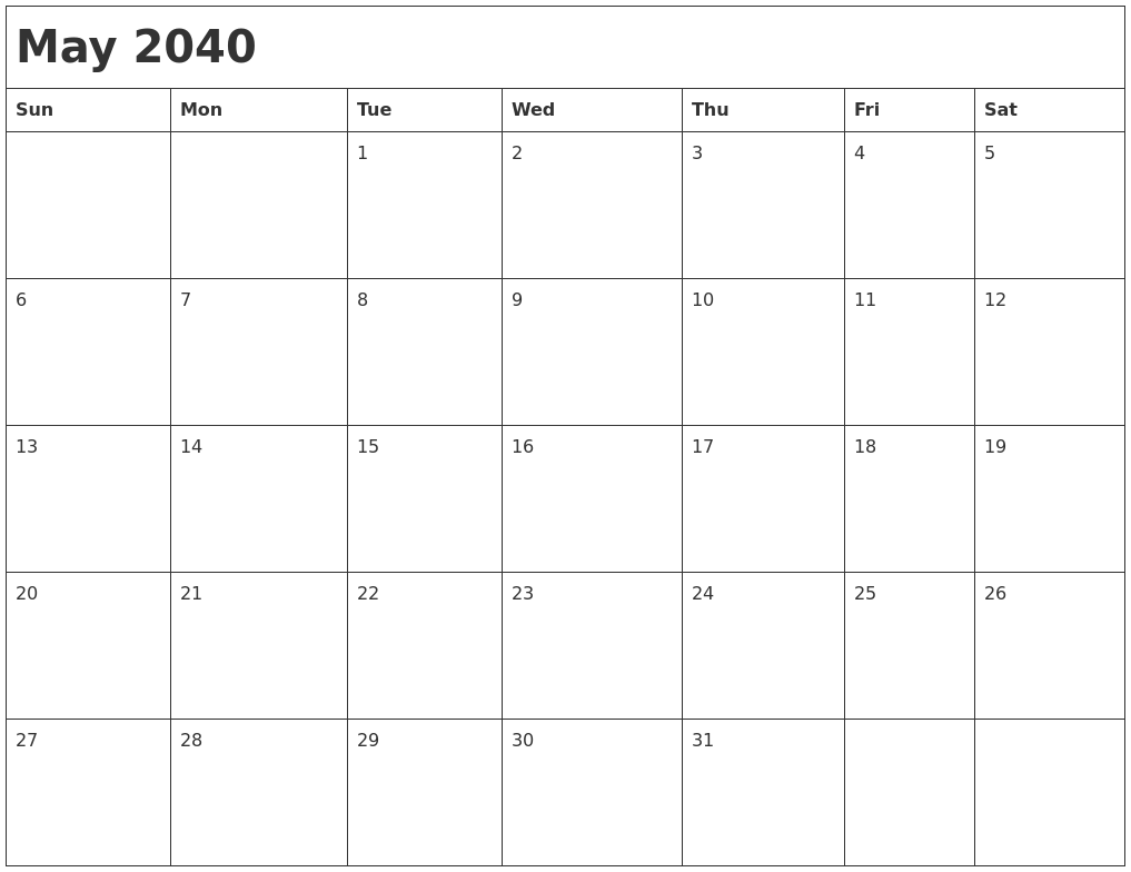 May 2040 Month Calendar