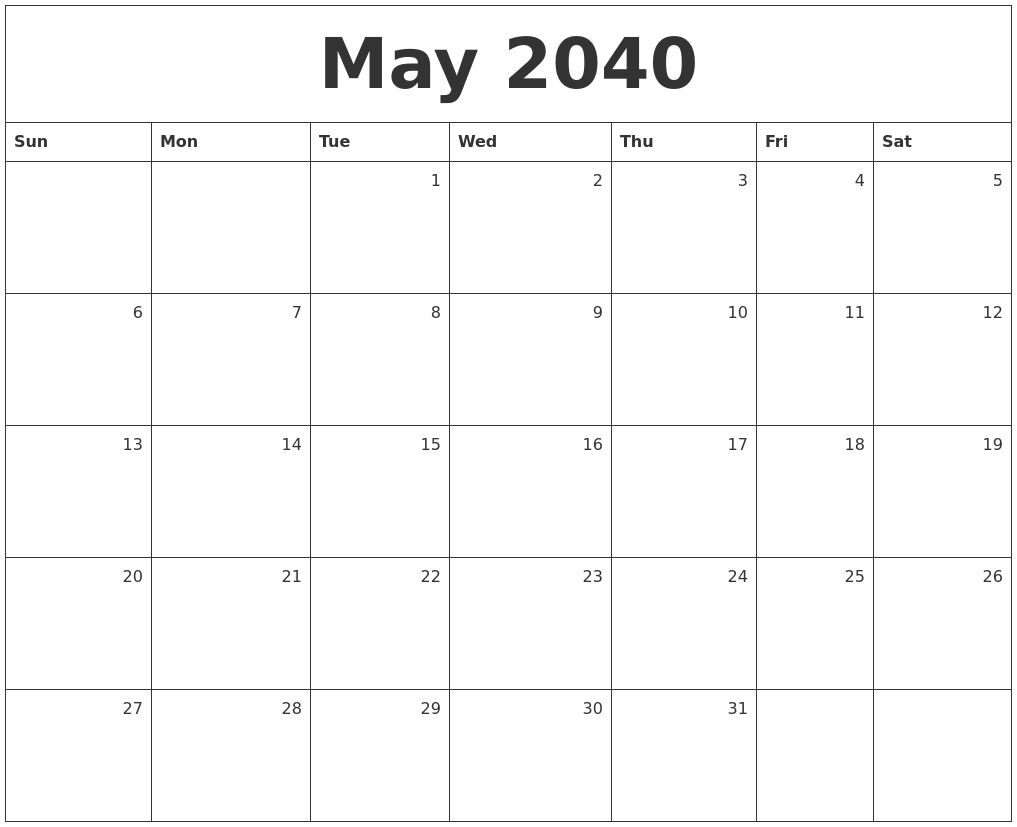 May 2040 Monthly Calendar