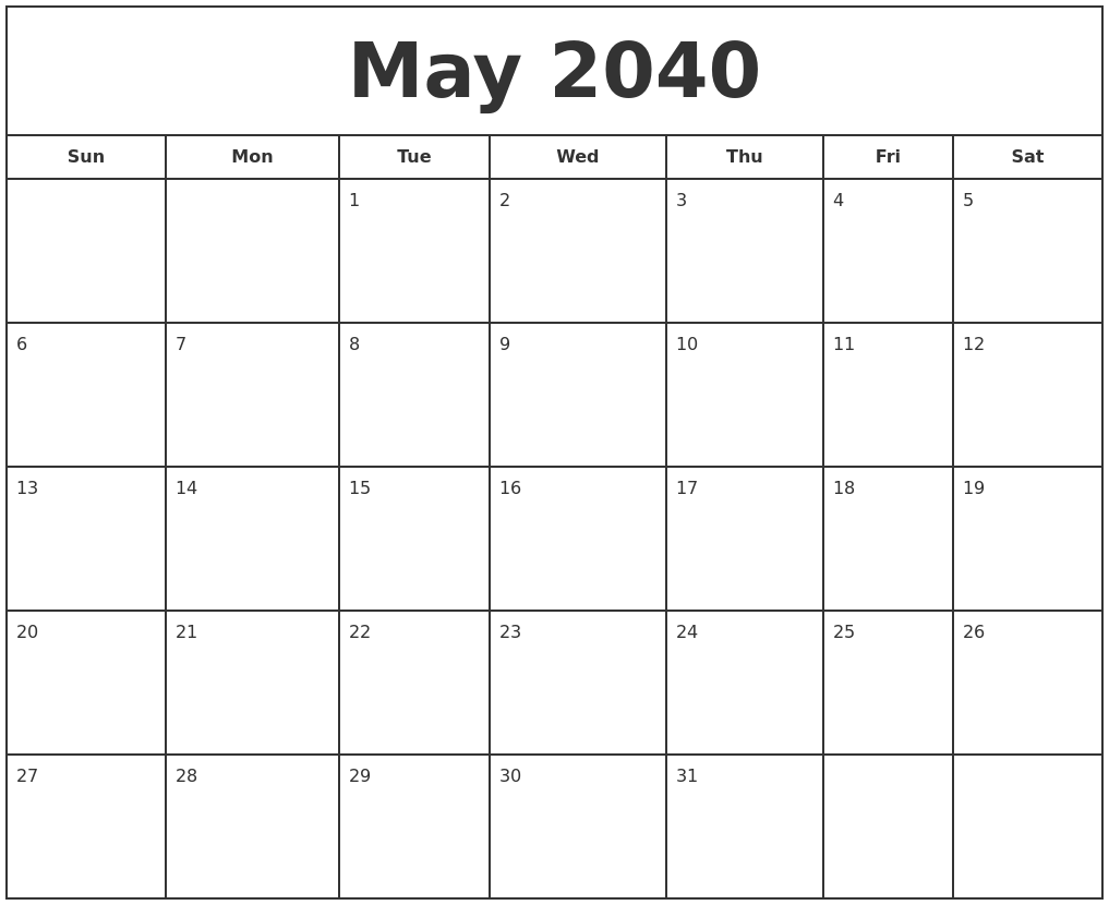 May 2040 Print Free Calendar
