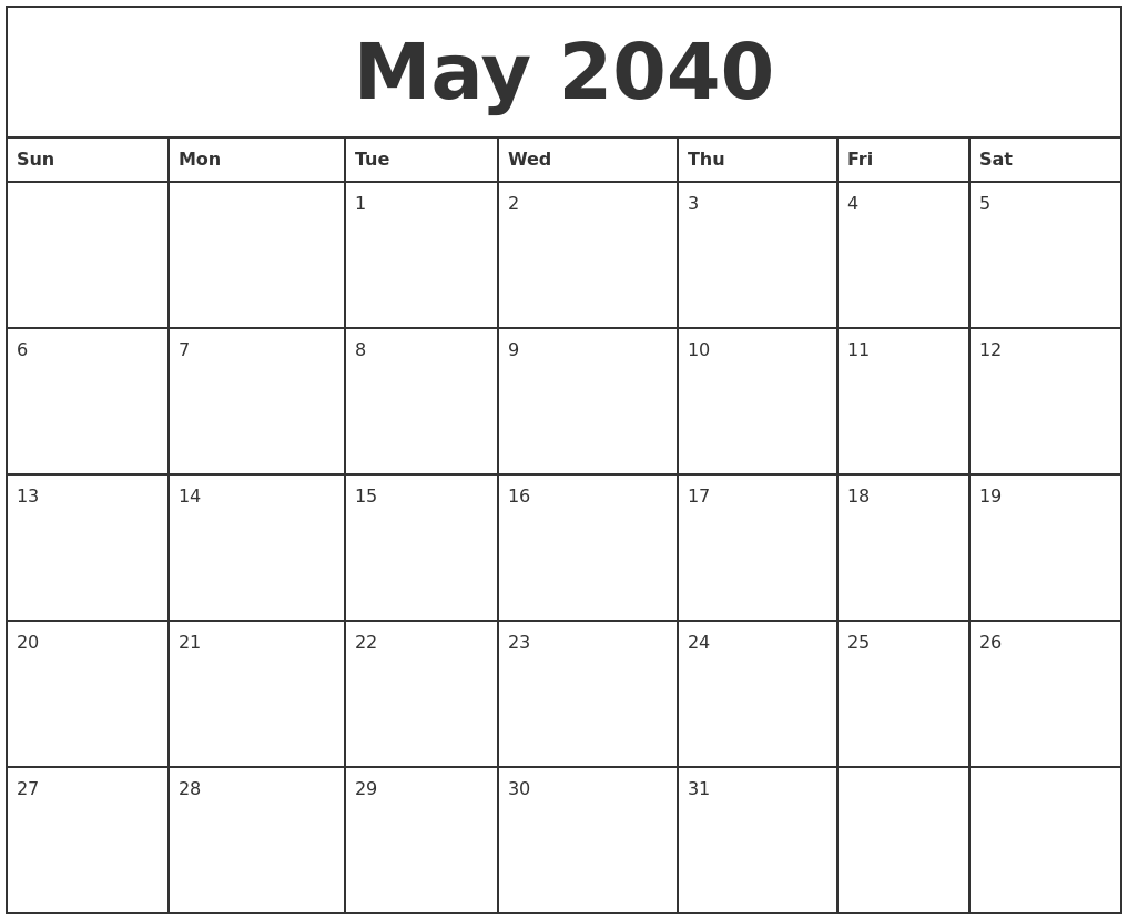 May 2040 Printable Monthly Calendar