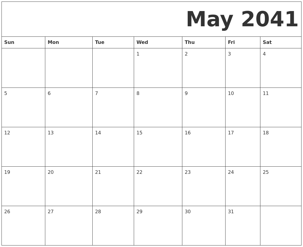 May 2041 Free Printable Calendar