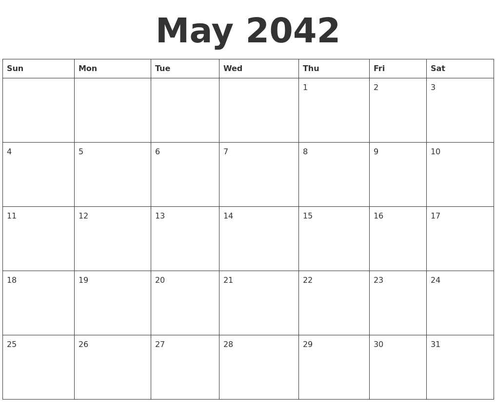 May 2042 Blank Calendar Template