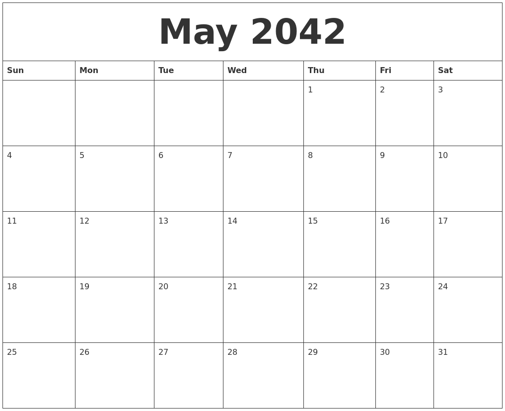 May 2042 Blank Monthly Calendar Template