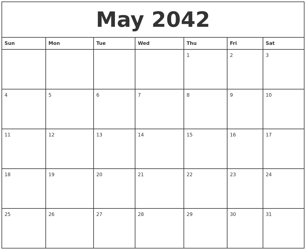 May 2042 Printable Monthly Calendar
