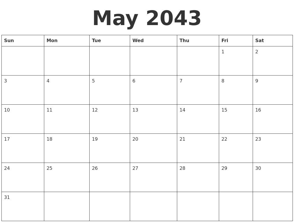 May 2043 Blank Calendar Template