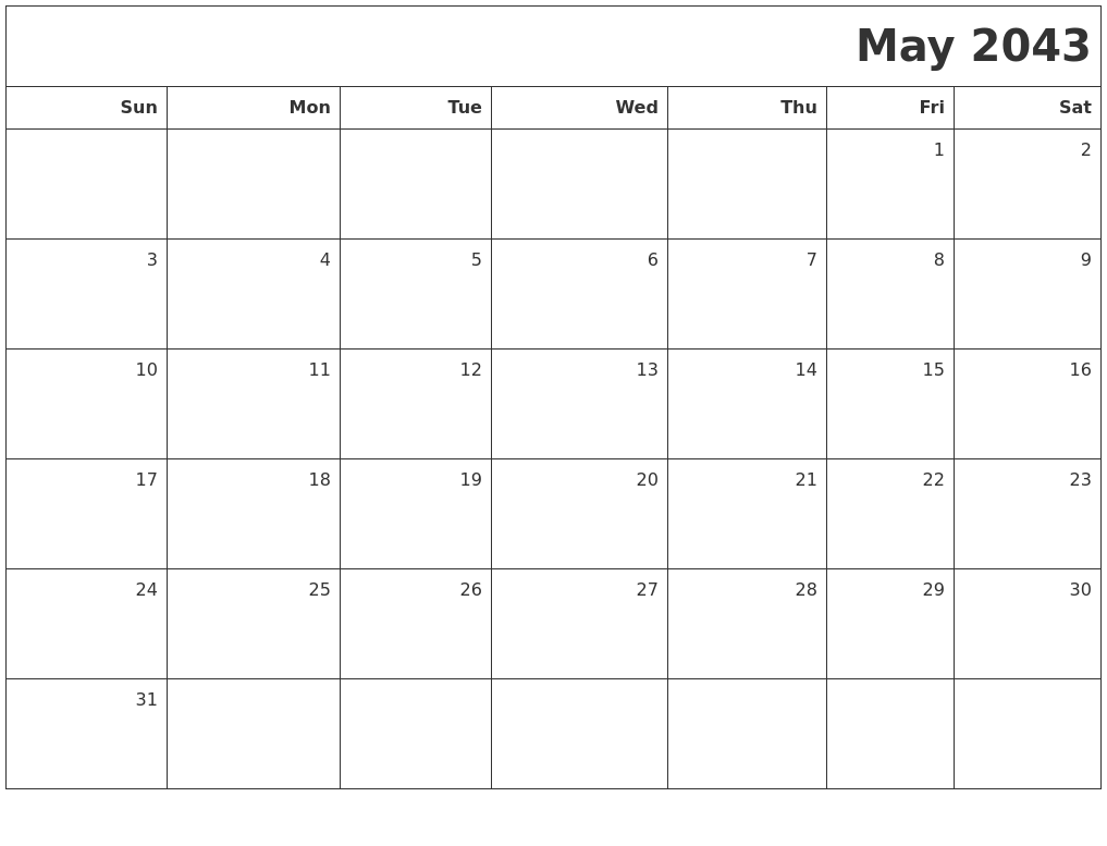 May 2043 Printable Blank Calendar