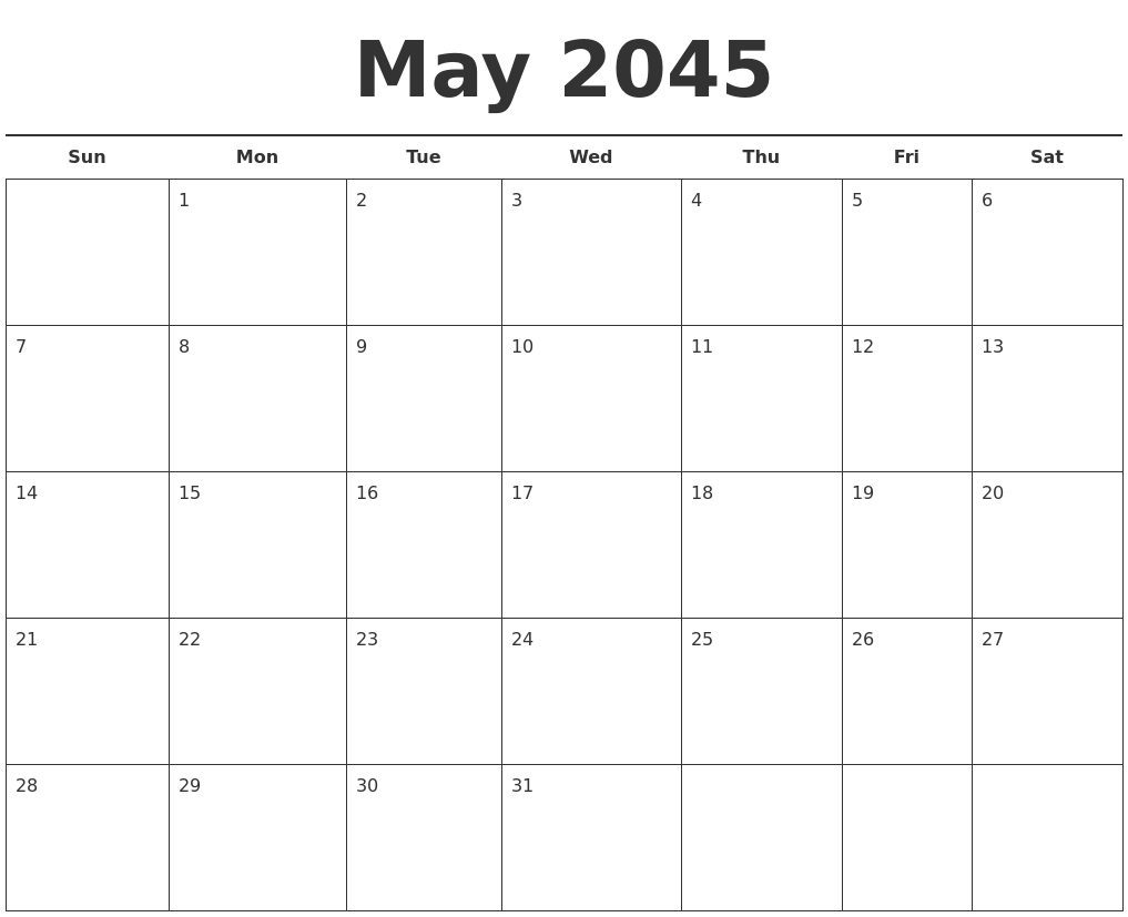 May 2045 Free Calendar Template
