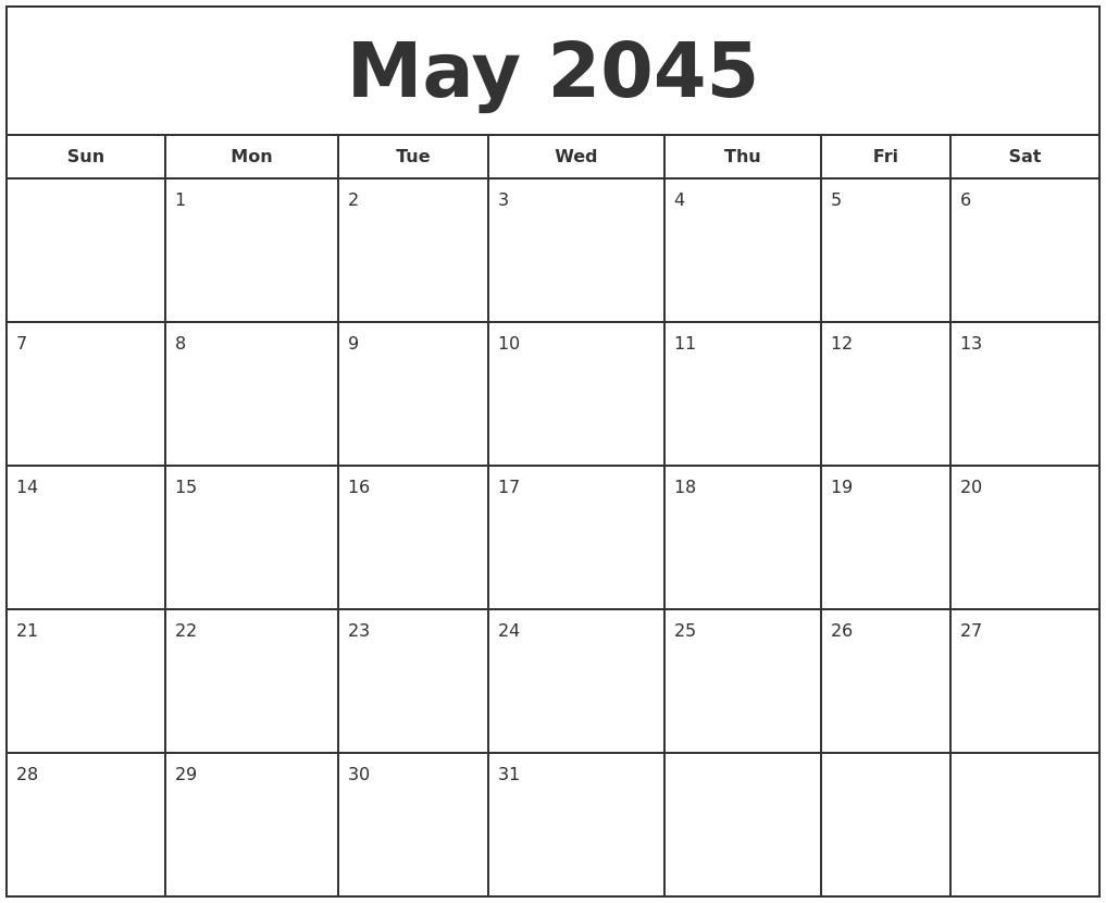 May 2045 Print Free Calendar