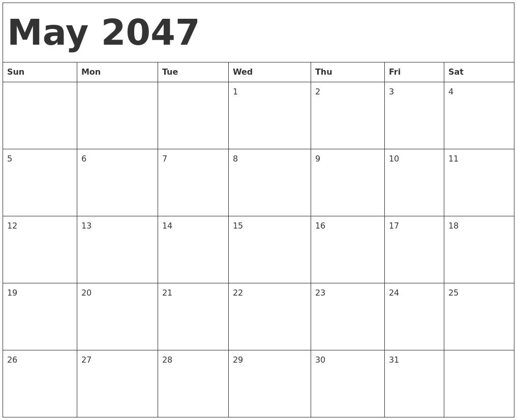 May 2047 Calendar Template