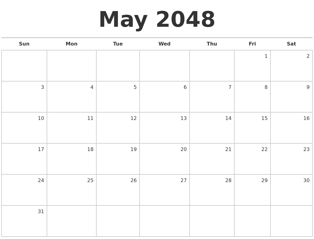 May 2048 Blank Monthly Calendar