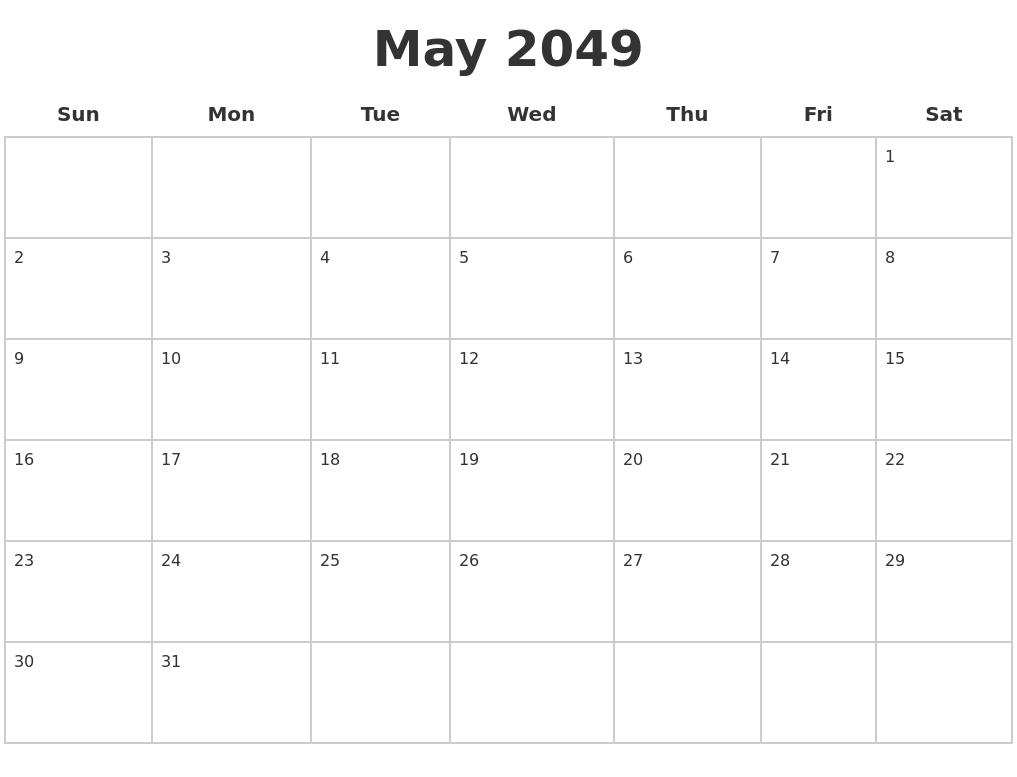 May 2049 Blank Calendar Pages