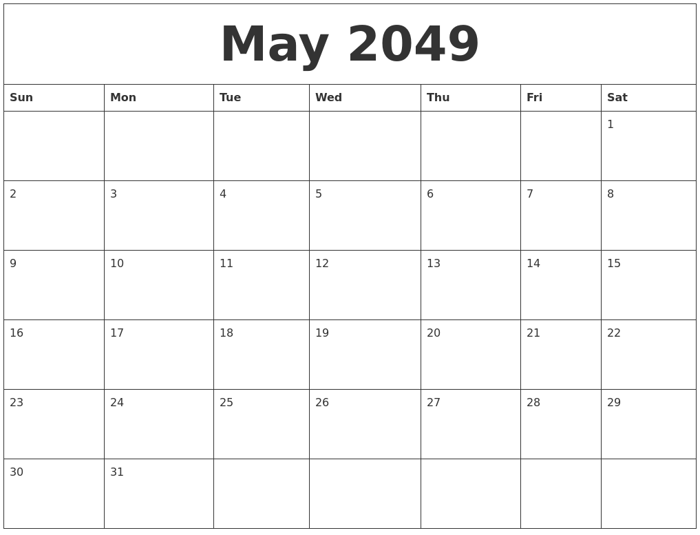 May 2049 Blank Monthly Calendar Template