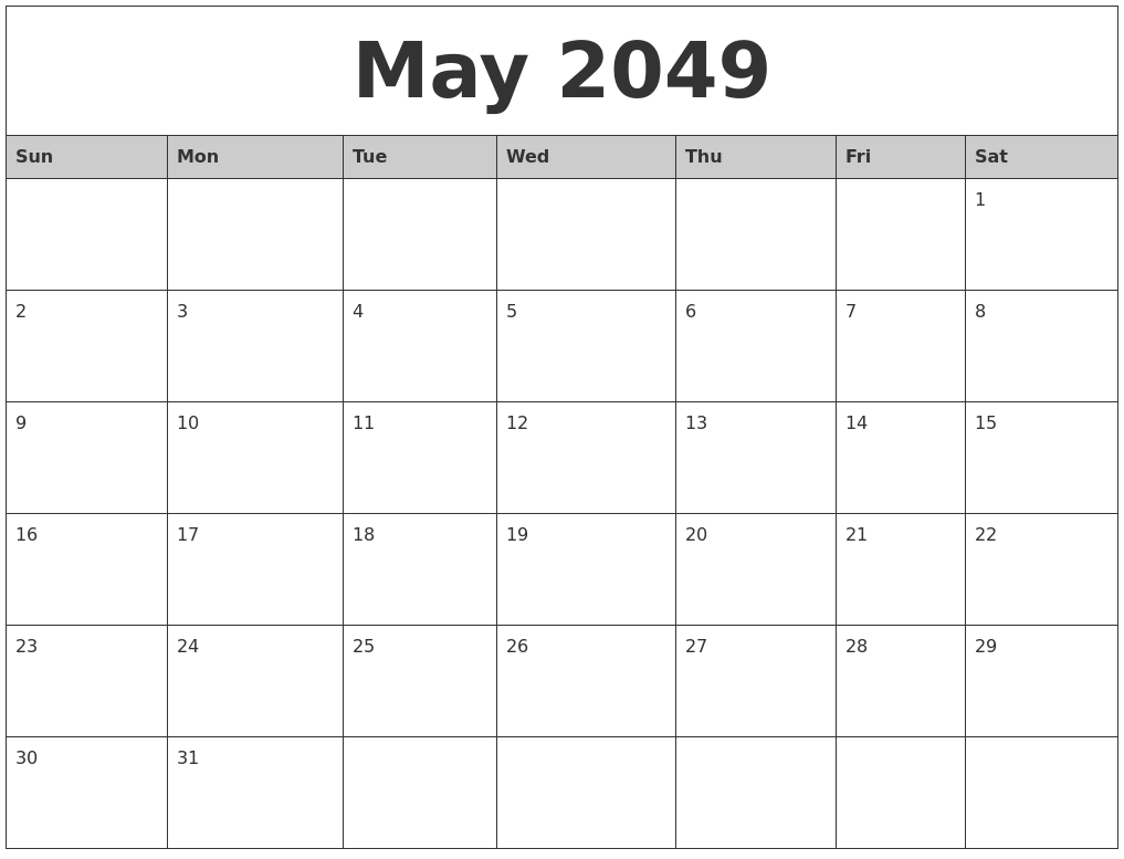 May 2049 Monthly Calendar Printable