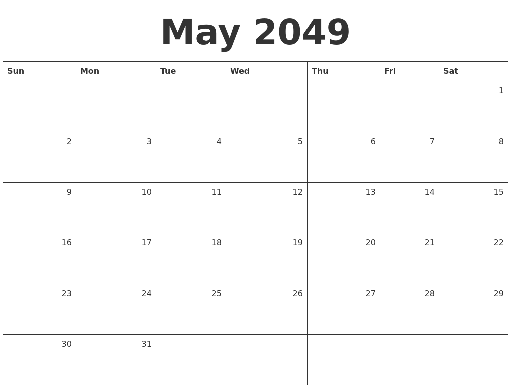 May 2049 Monthly Calendar