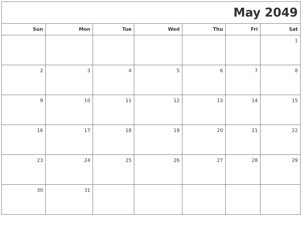 May 2049 Printable Blank Calendar