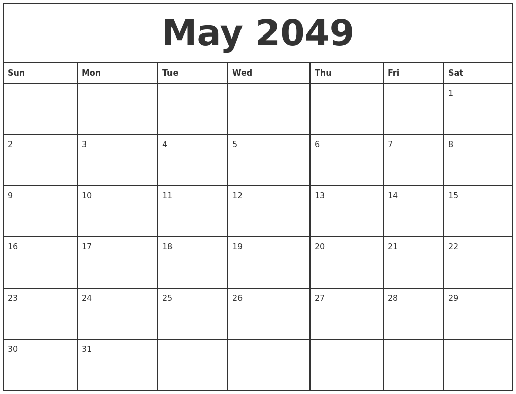 May 2049 Printable Monthly Calendar
