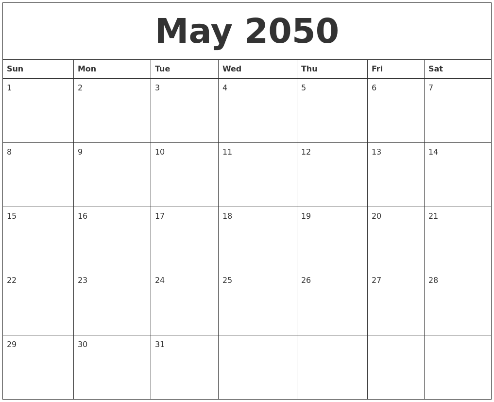 May 2050 Free Monthly Printable Calendar