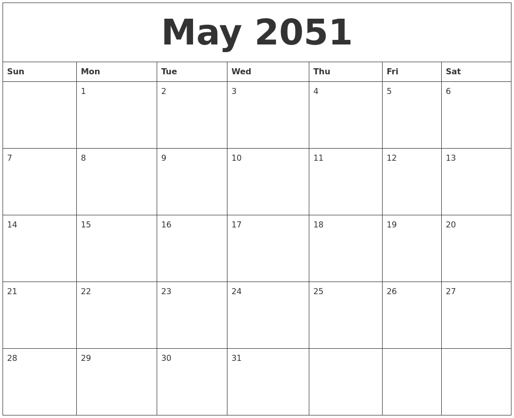 May 2051 Blank Monthly Calendar Pdf