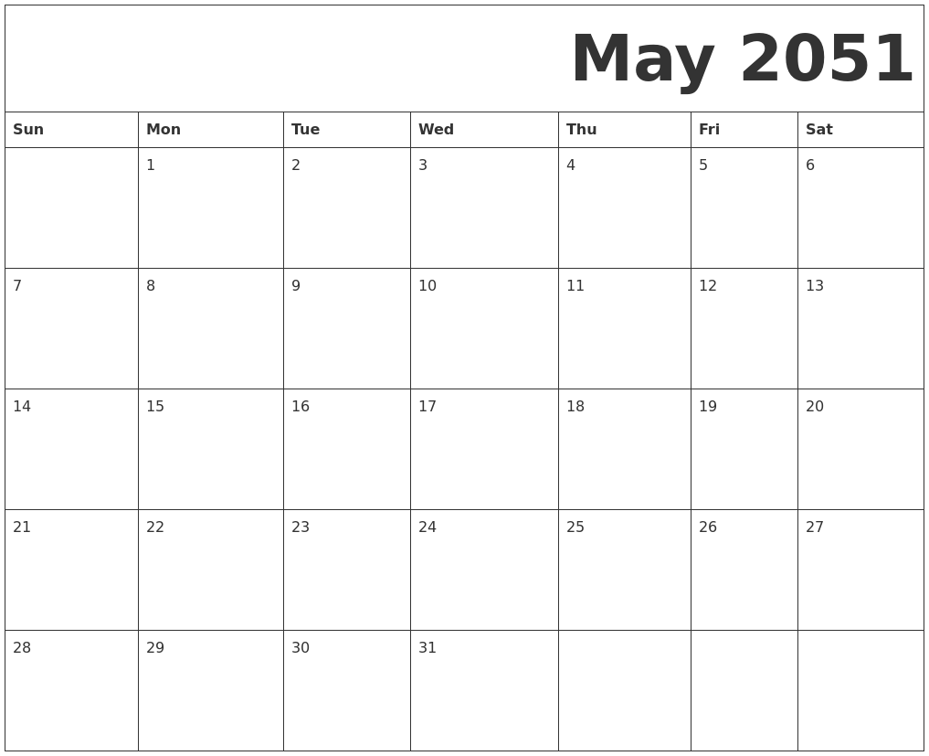 May 2051 Free Printable Calendar