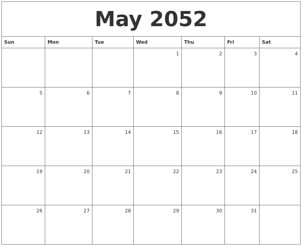 May 2052 Monthly Calendar