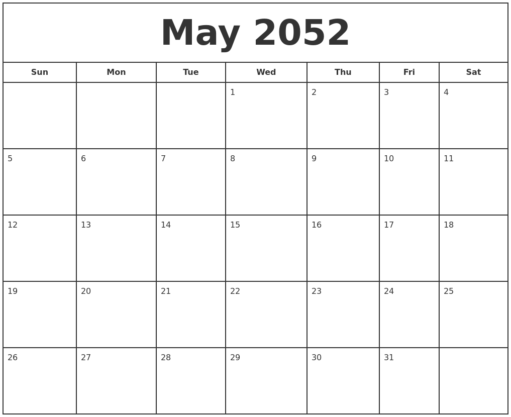 May 2052 Print Free Calendar