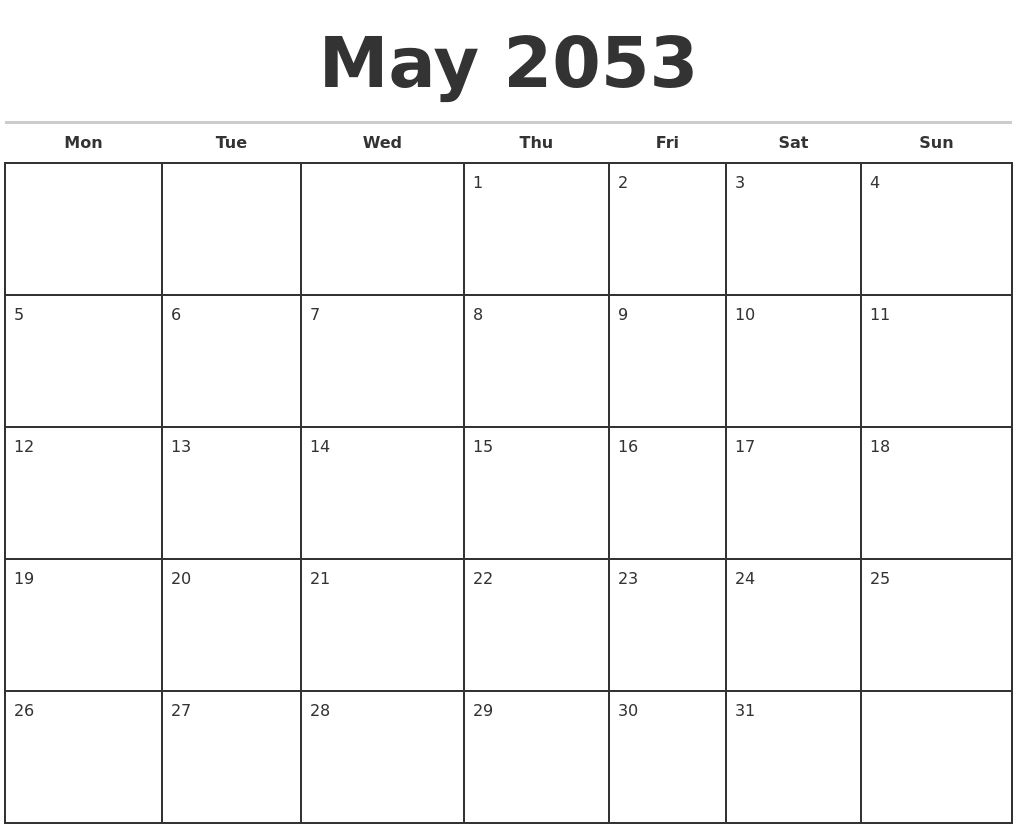 May 2053 Monthly Calendar Template