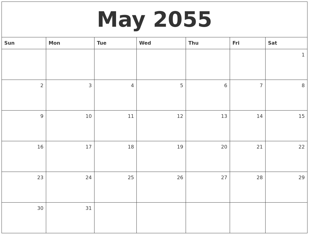 May 2055 Monthly Calendar