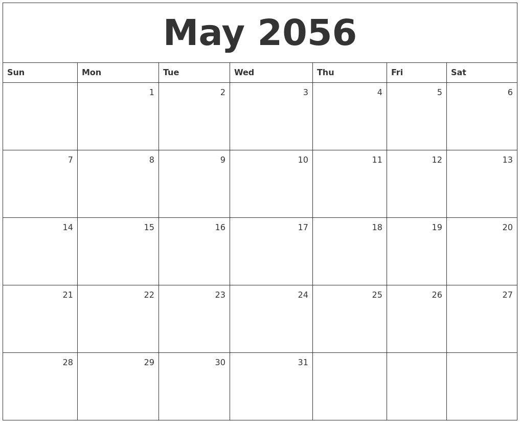 May 2056 Monthly Calendar