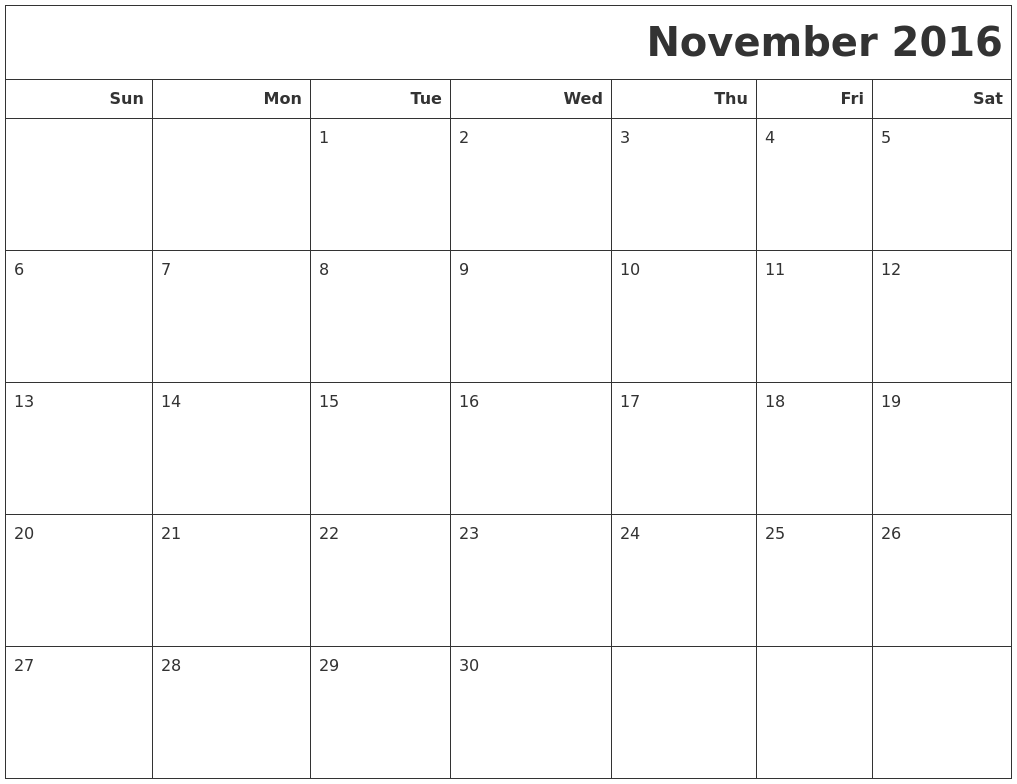 november 2016 calendars to print