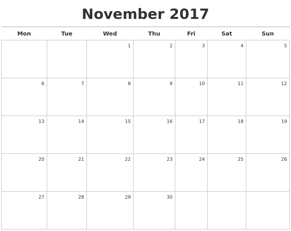 november 2017 calendar maker monday start