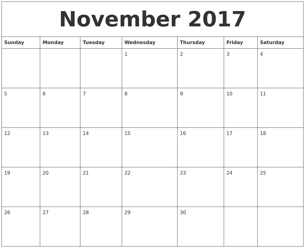 november 2017 create calendar full weekday
