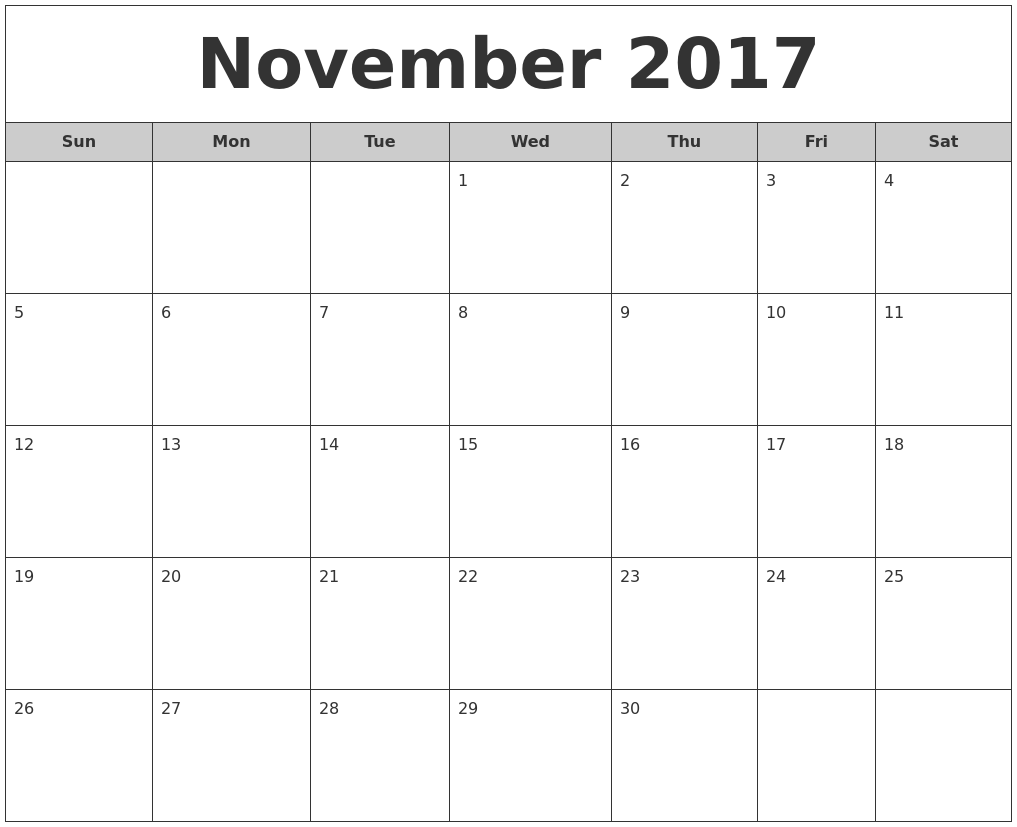 Word November 2017 Calendar