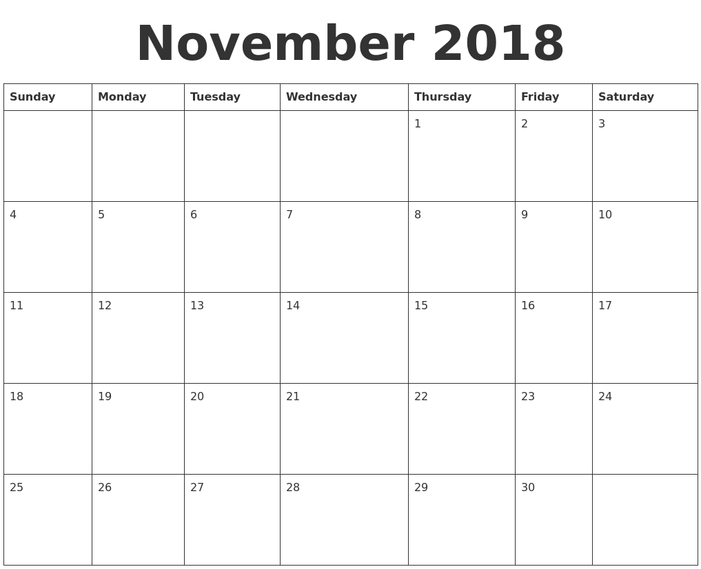 Blank Simple Printable November 2018 Calendar Word Template With Holidays