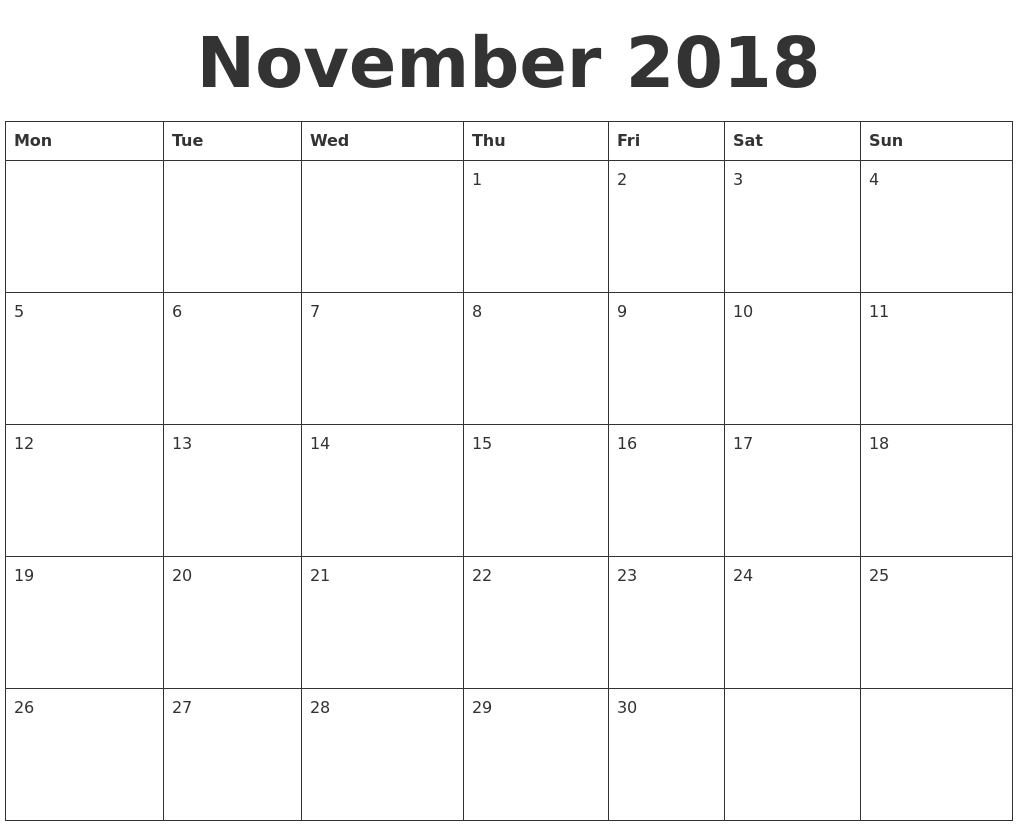 November 2018 Blank Calendar Template