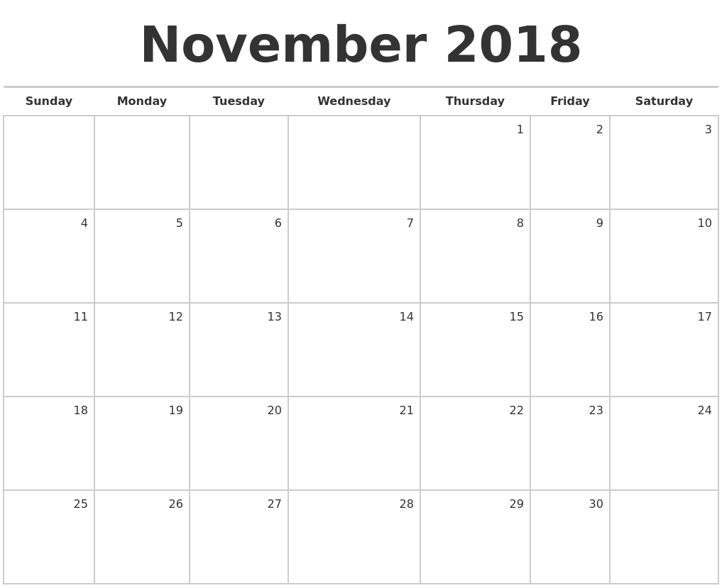 Monthly November Calendar For 2018