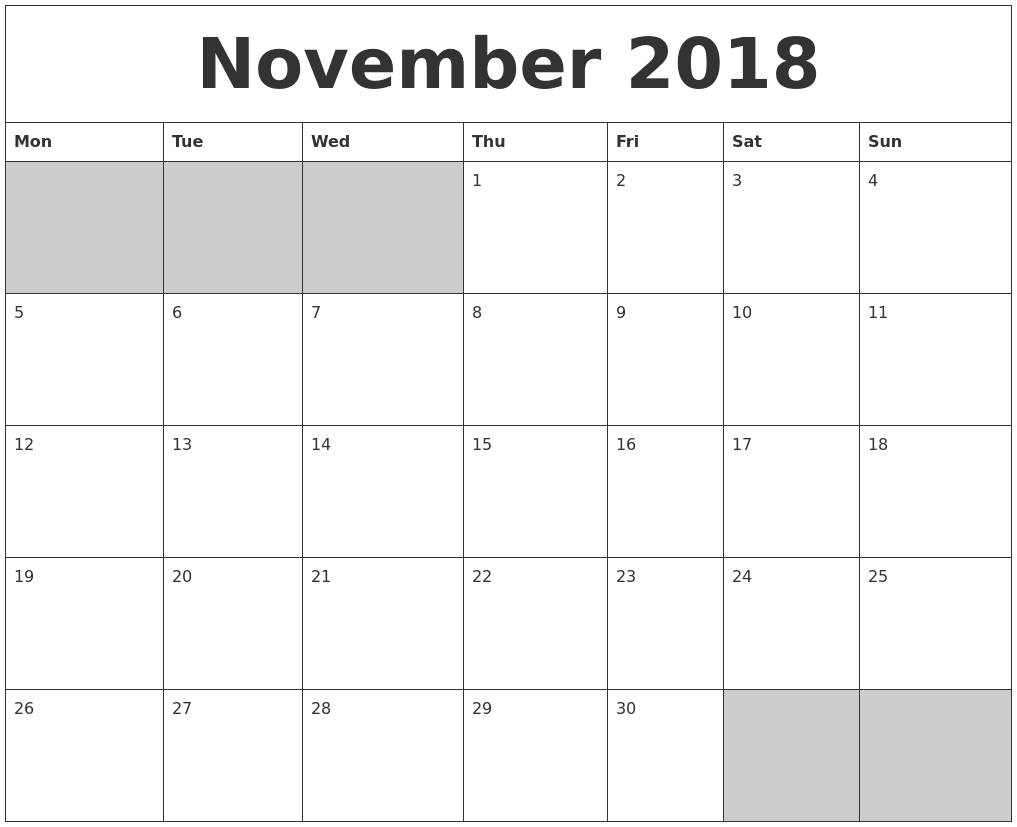 November 2018 Blank Printable Calendar