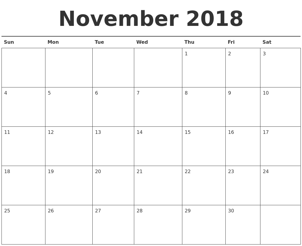 Fillable Calendar For November 2018