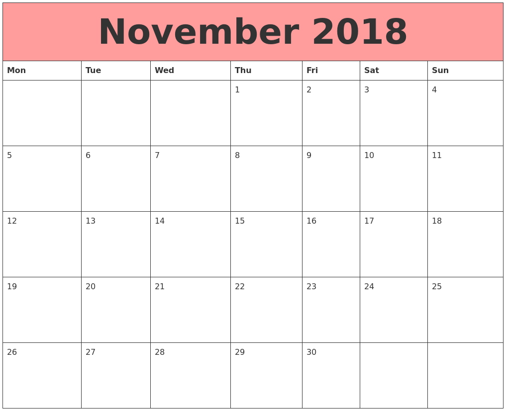 november 2018 calendars that work printable calendar starting with monday