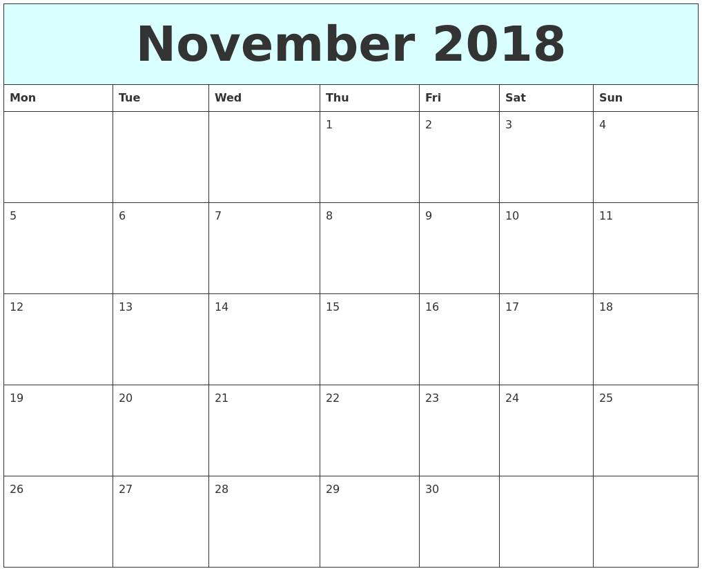 Print November 2018 Calendar Cute
