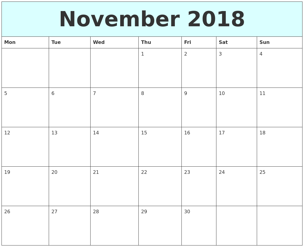 November 2018 Calendar Excel 1