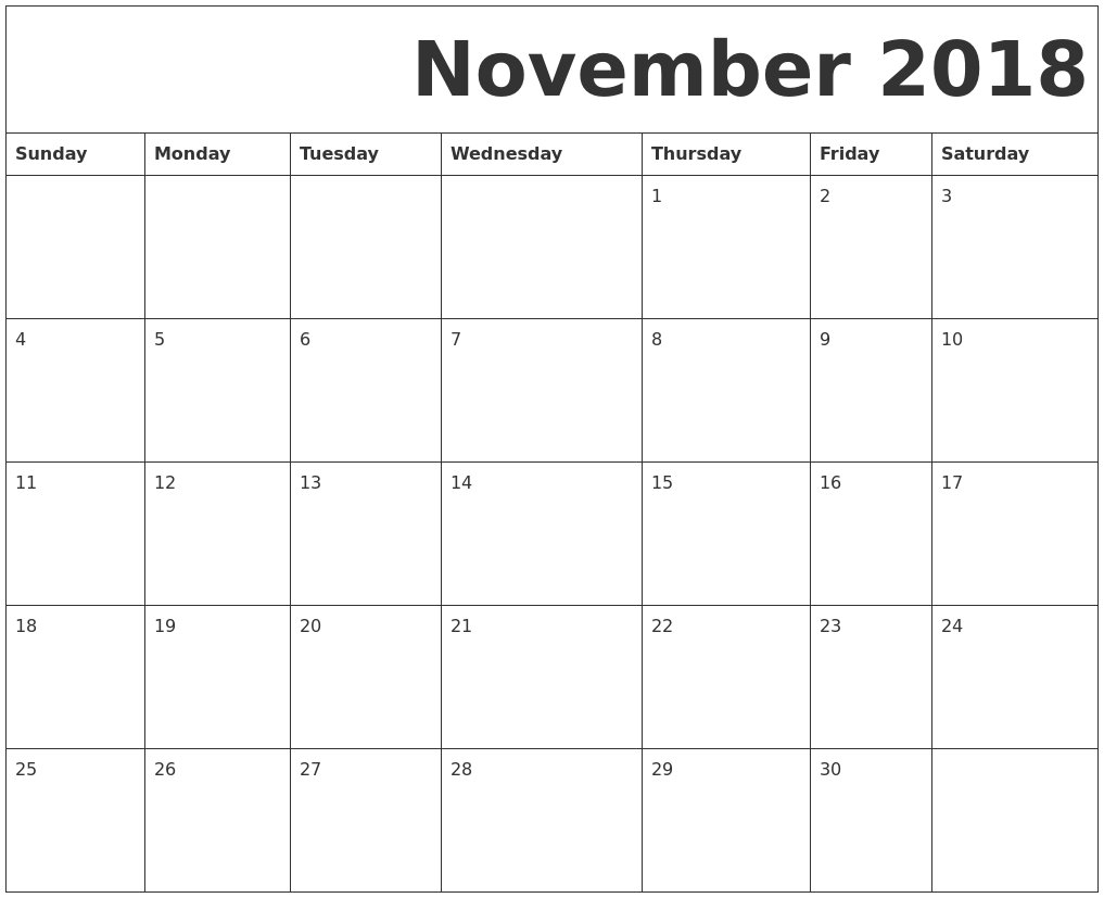 November 2018 Free Printable Calendar November 2018 Free Printable Calendar