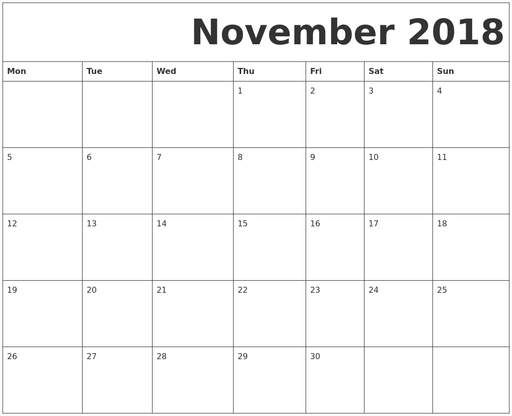 November 2018 Free Printable Calendar