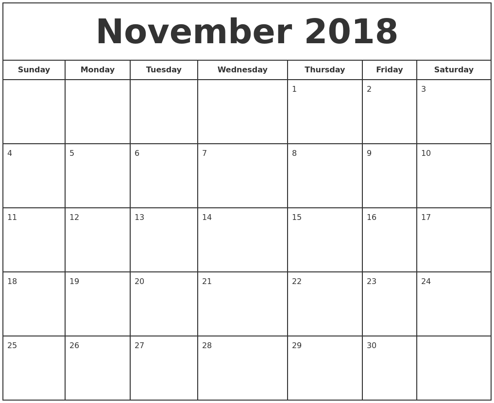 November 2018 Print Free Calendar