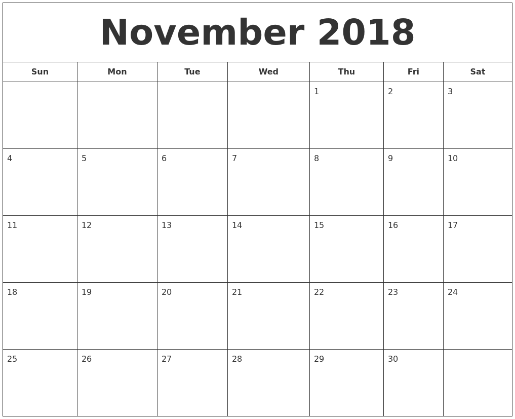 November Calendar 2018 Free Editable Pictures Download