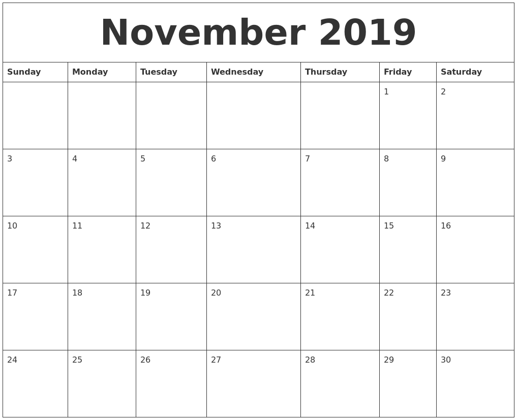 november 2019 blank monthly calendar template 30 days calendar template